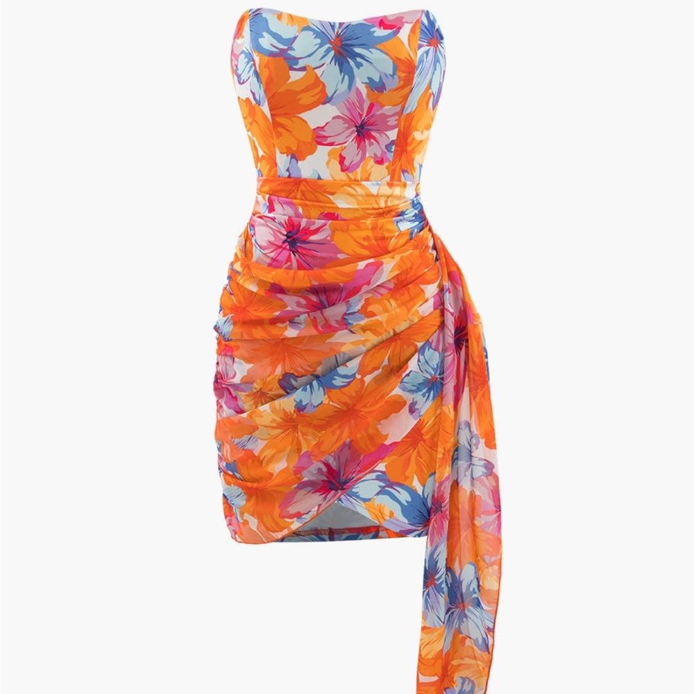 Floral Print Wrap Ruched Strapless Mini Dress